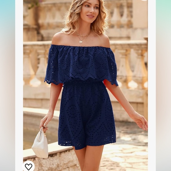 NWT pretty garden navy off shoulder embroidery romper size L. - Picture 3 of 13